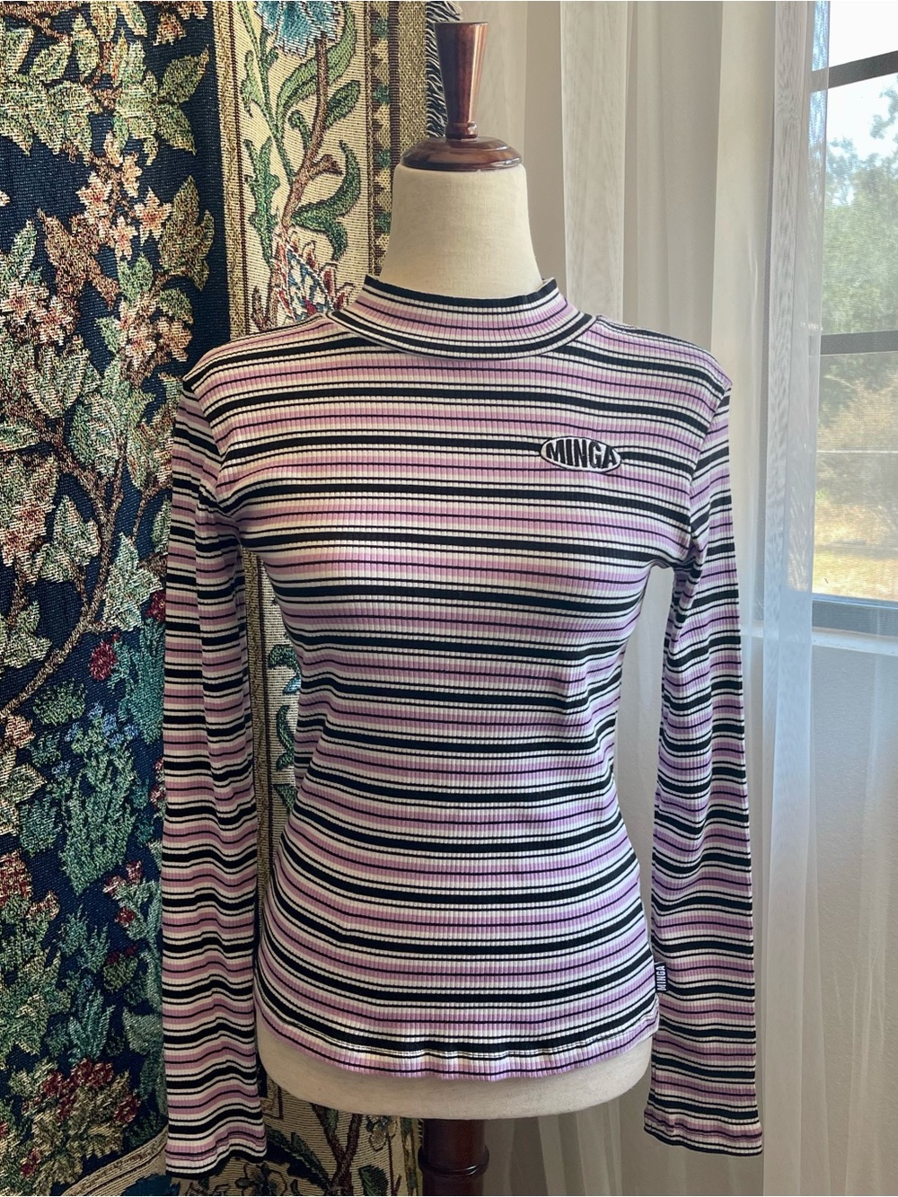 Nwot Minga London Purple White & Black Striped Mock Turtle Neck Long Sleeve Top